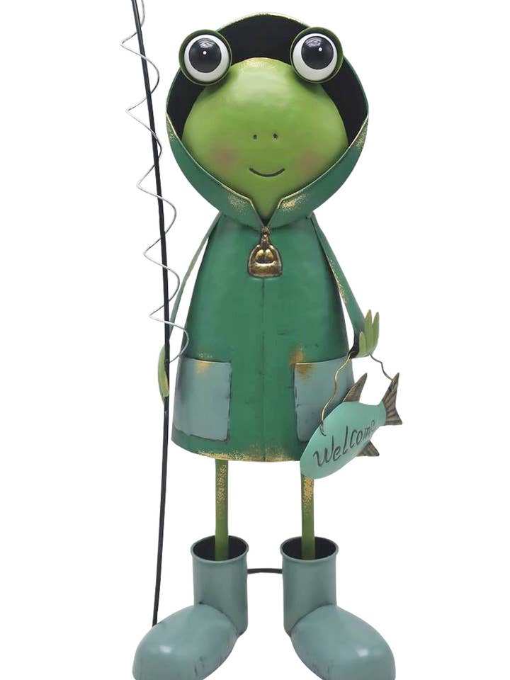 Metal Green Frog Statue Holding Fishing Rod for wholesale by Continental Art Center