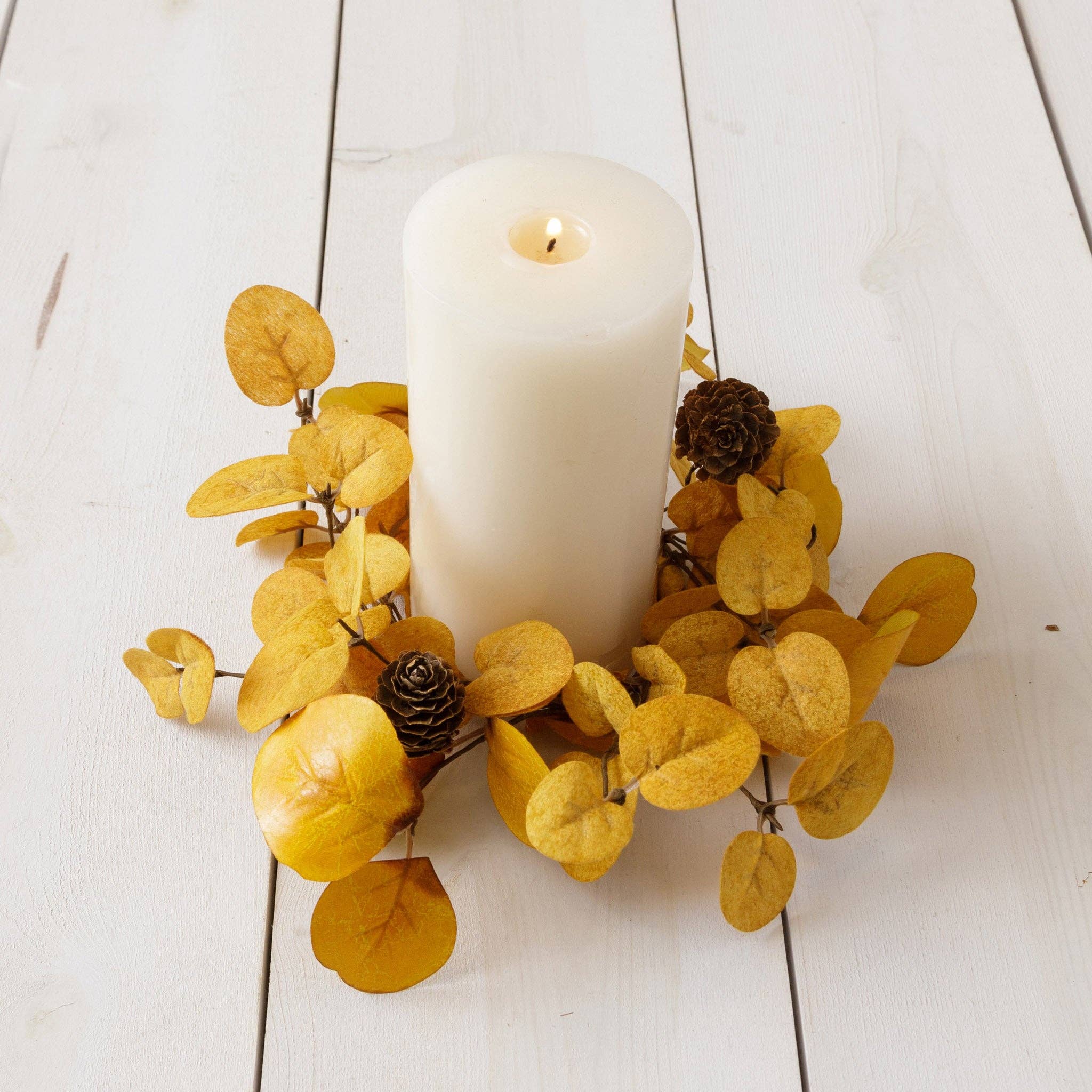 Audrey's Home & Gift - Wholesale Candle Holder - Candle Ring - Mustard Eucalyptus And Mini Pinecones (Pk/02)1