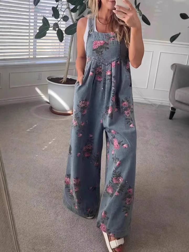 Floral Print Denim Sleeveless Jumpsuit for wholesale by Hope & Sunshine