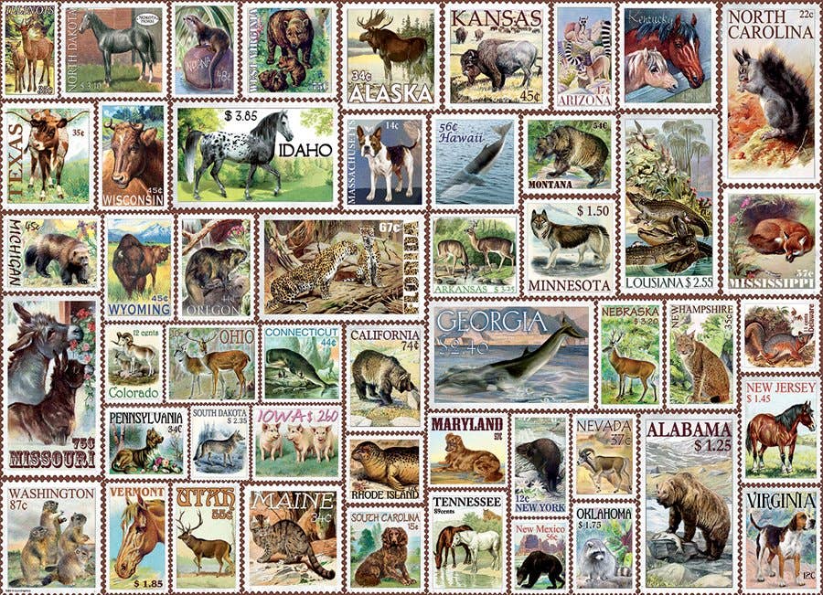 Eurographics Puzzles USA - Vente Puzzle – adulte - Animaux d'Amérique du Nord - Timbres Vintage1