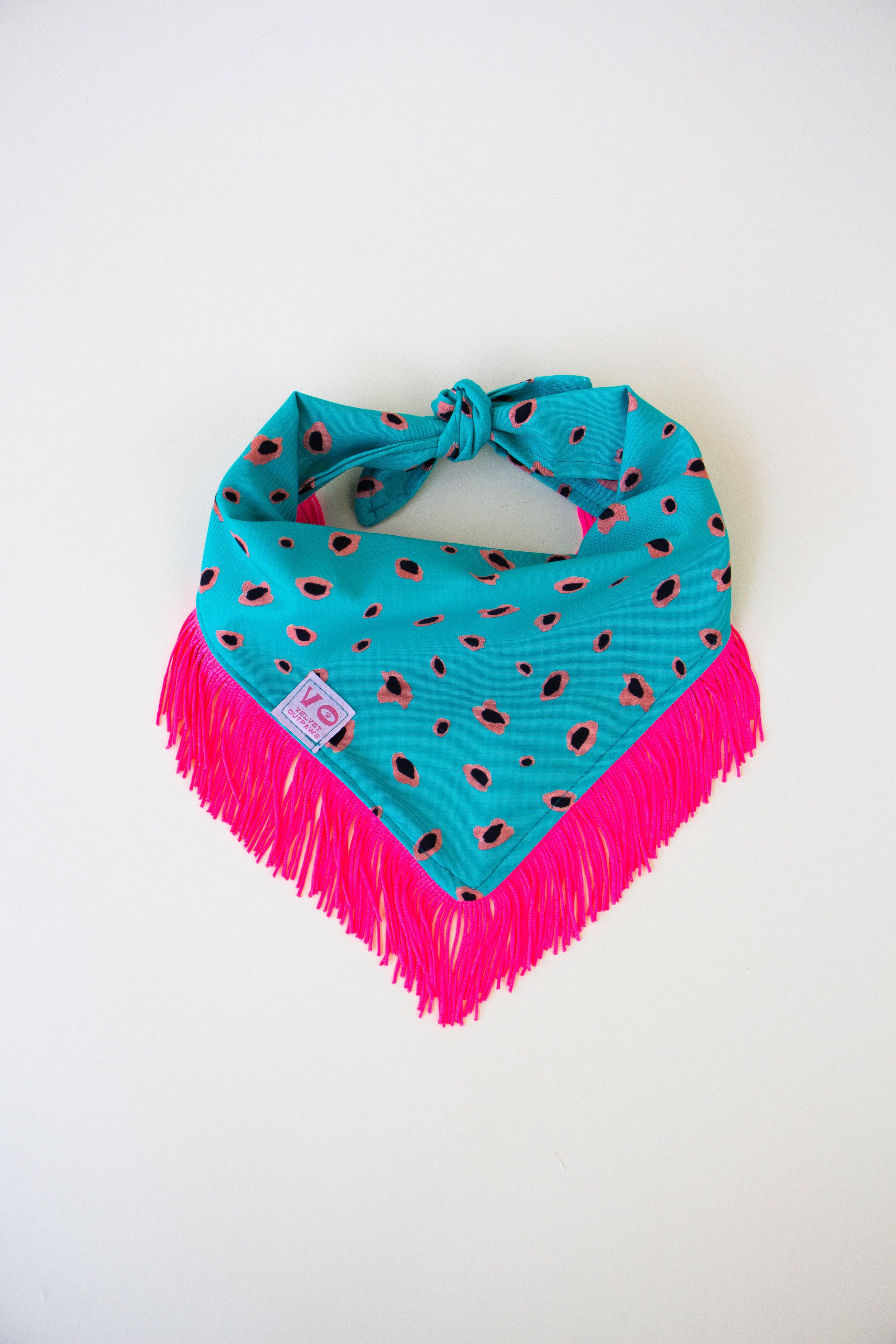 Velvet Outlaw - Wholesale Pet Bandana - Dog - Teal Animal Print with Hot Pink Fringe Dog/Cat Bandana3