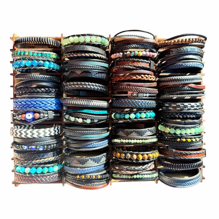 Herre Læder & Perle Armbånd Mix – 48 Stk. Display for engroshandel hos Loli