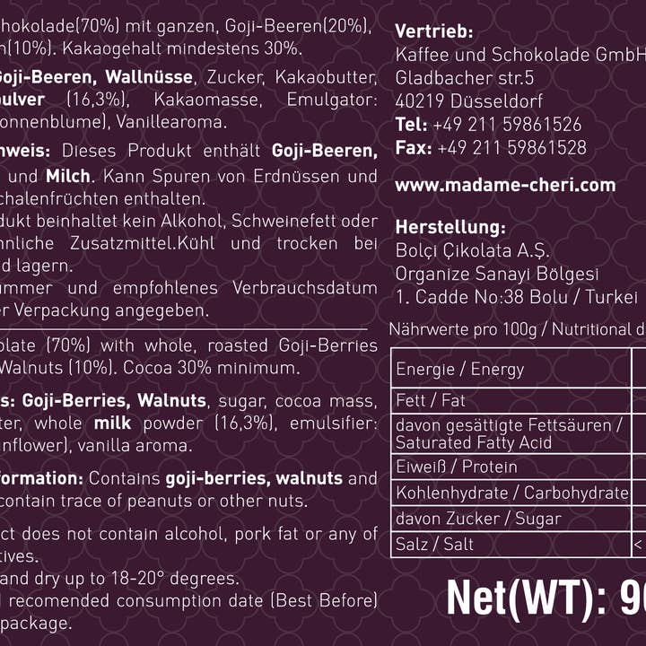 Kaffee und Schokolade GmbH - Wholesale Baking Chocolate - Goji berries & walnuts whole milk chocolate 90g3