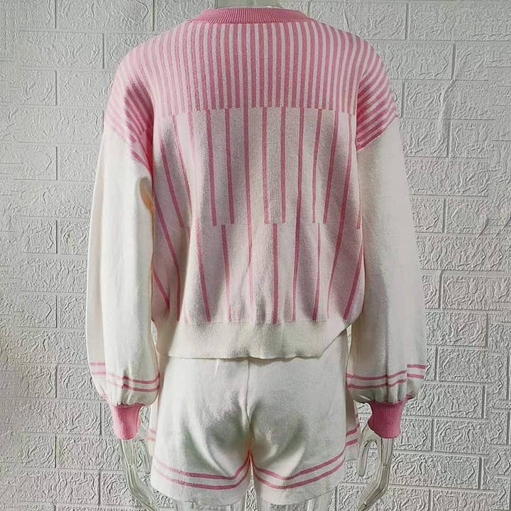 Rosa Clothing - Wholesale Lounge Set - Women's - Color-Blocked Striped Knitted Top And Shorts Set