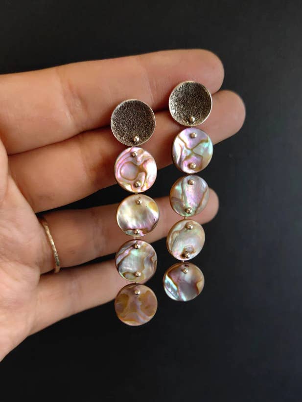 Abalone Shell Dangle Earrings with Textured Sterling Silver for wholesale by Natalia Araya- Jewelry