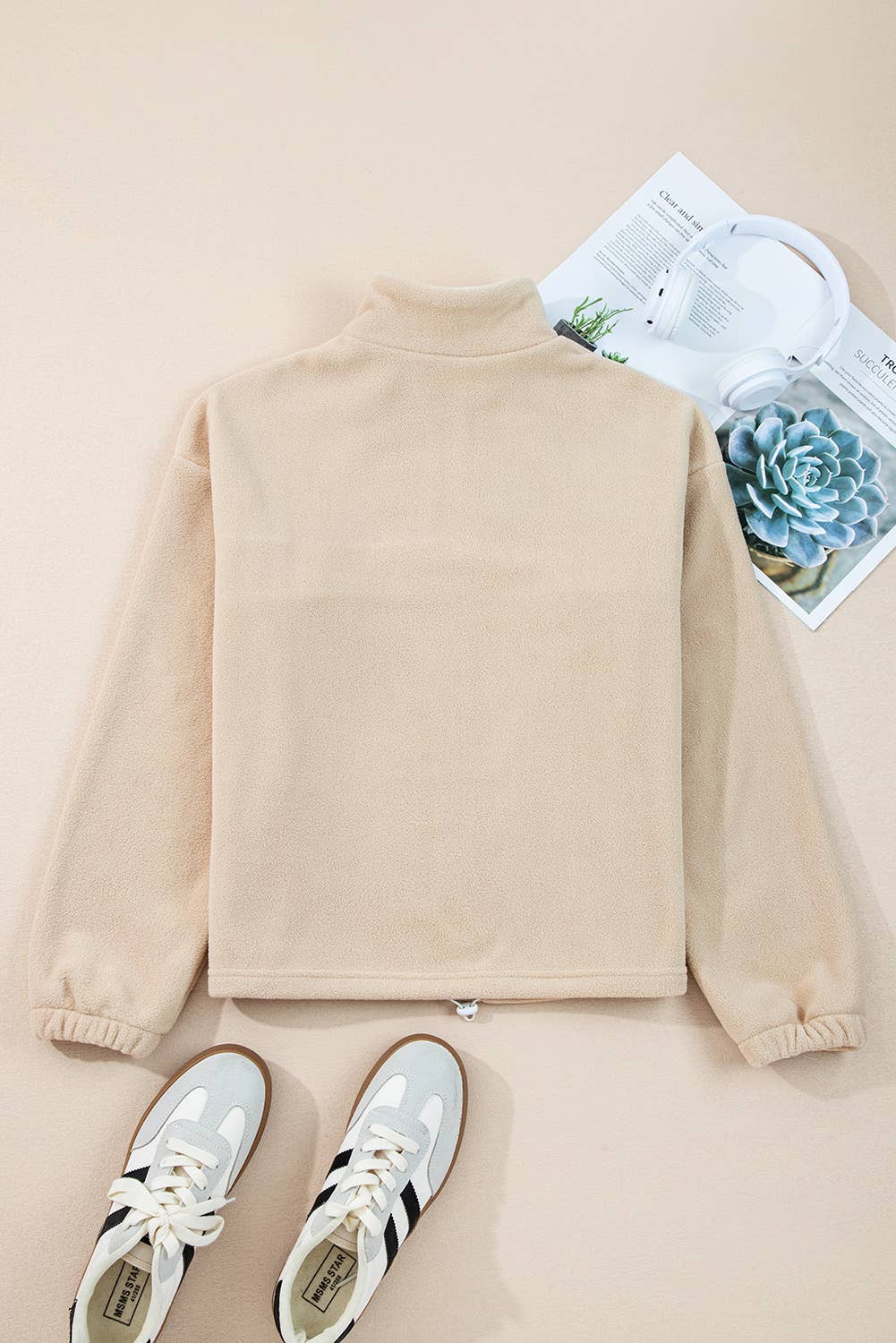 Beige Fleece Patchwork Zipped Neck Pullover Sweatshirt (S-XL) for wholesale on Faire3