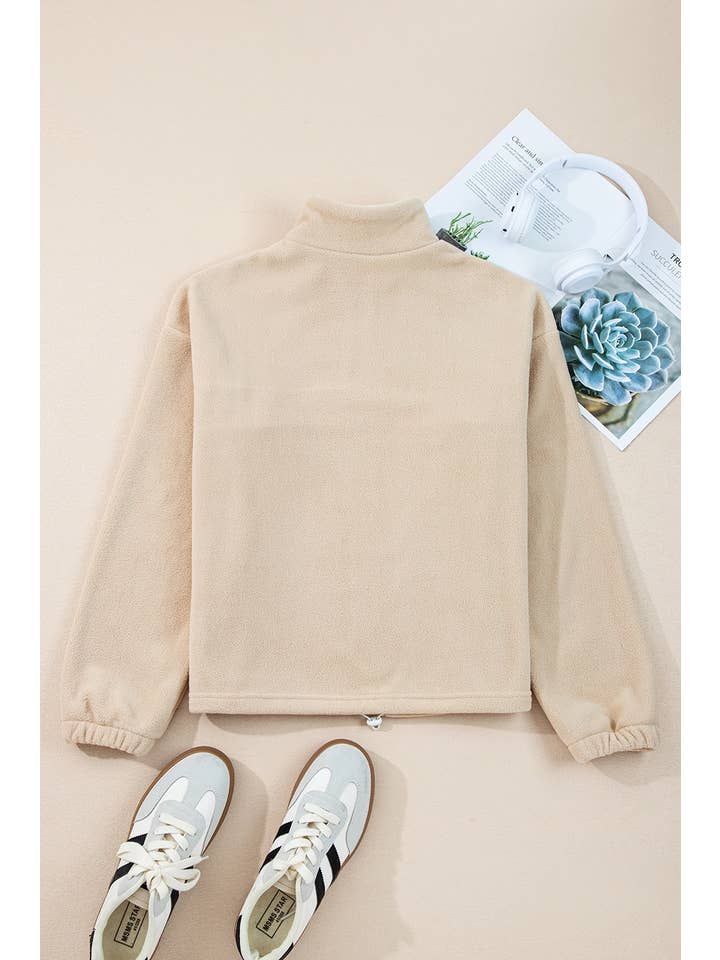 Beige Fleece Patchwork Zipped Neck Pullover Sweatshirt (S-XL) for wholesale on Faire3