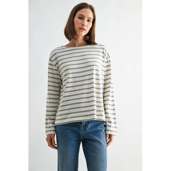 TOP DE MALHA LISTRADO COM OMBROS LARGOS E MANGA COMPRIDA por atacado de FUN2FUN