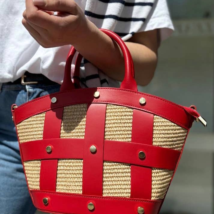 JIJOU CAPRI - Wholesale Crossbody Bag - Women's - Cecile Leather & Raffia Studded Crossbody Bag JIJOU CAPRI