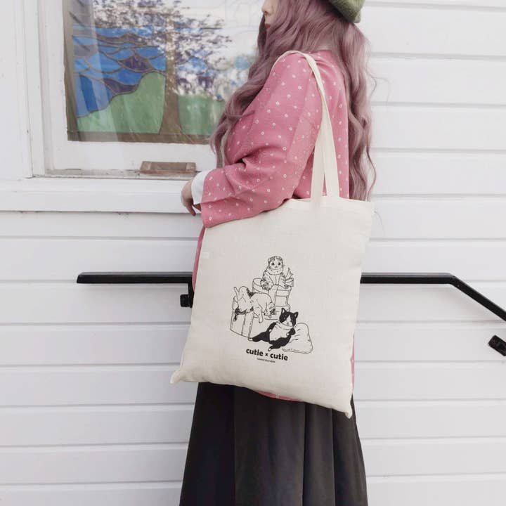 3 Cats Black and White Cotton Tote for wholesale by Cutie x Cutie