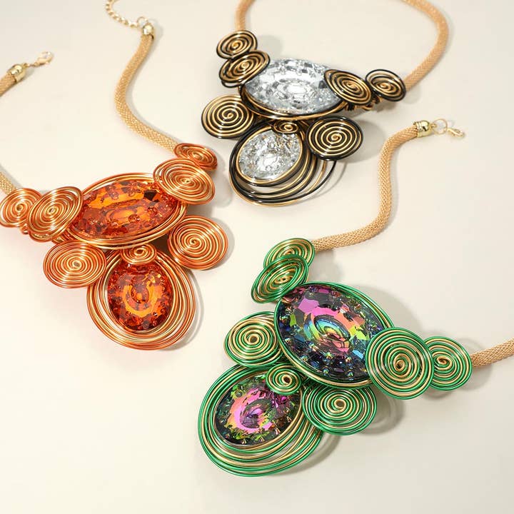 Sensibling Corp. - Wholesale Pendant/Charm Necklace - Bold Double Oval Accented Metal Wire Statement Necklace