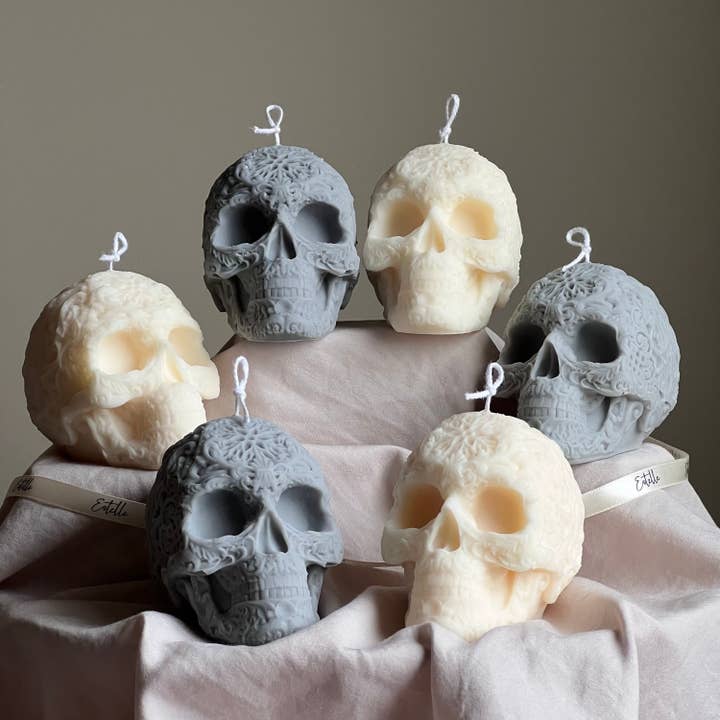 Handmade Halloween Skull Candle: Spooky Soy Wax Home Decor for wholesale by Estelle Studio