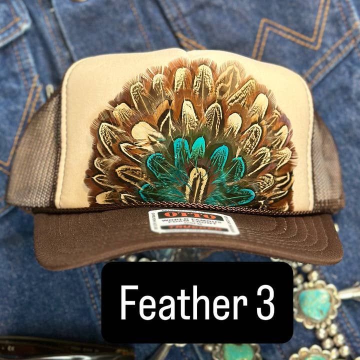 High Ho Silversmithing - Wholesale Trucker Hat - Women's - BROWN AND TAN FEATHER TRUCKER HAT2