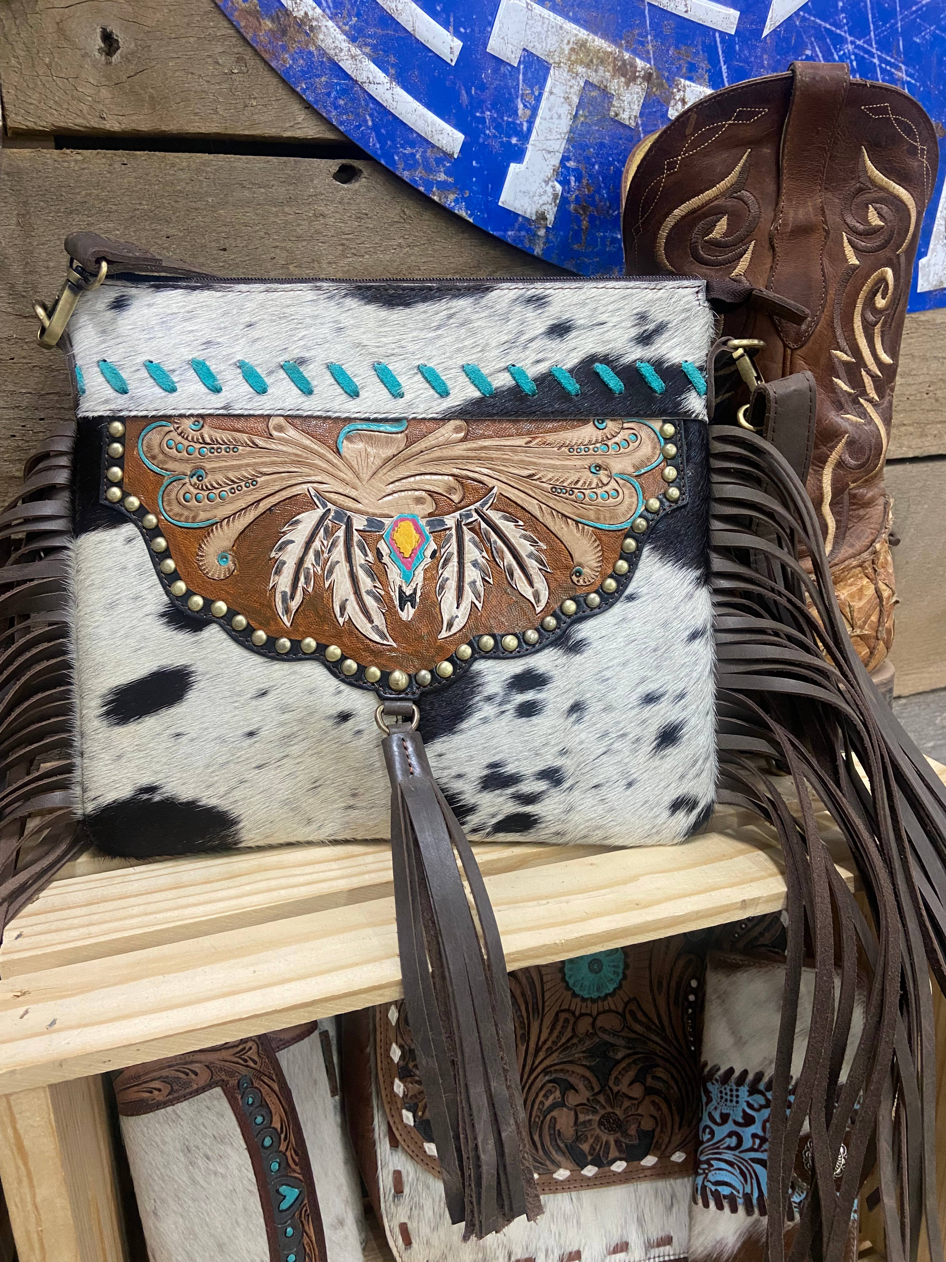 Texas Western Cowhide Bags and More - Vente Sac à bandoulière – femme - Sac à main à franges en cuir de vachette peint à la main4