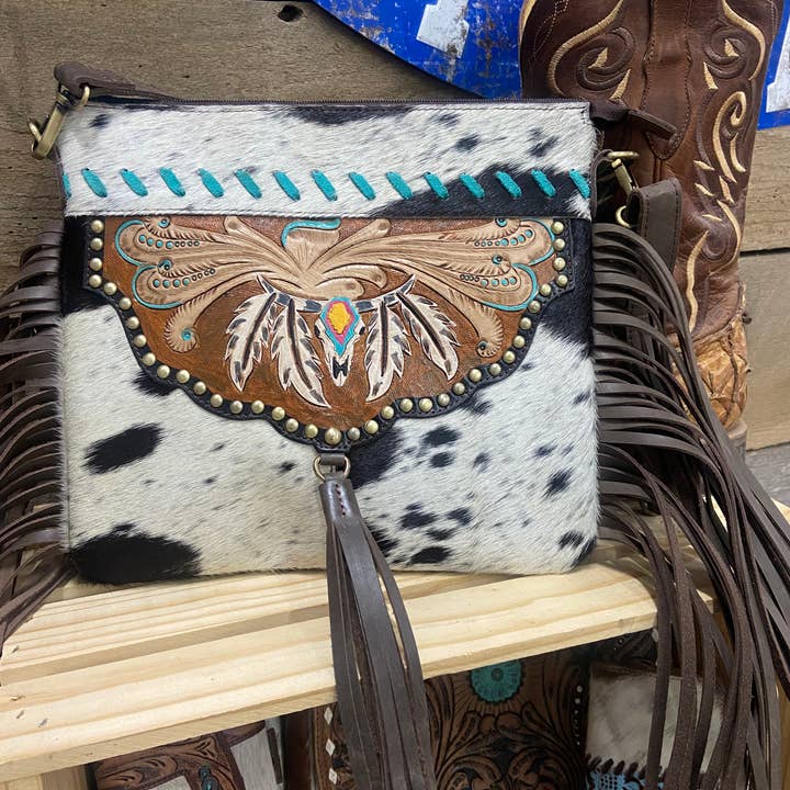 Texas Western Cowhide Bags and More - Wholesale Crossbody Bag - Women's - Cowhide Hand Painted Tooled Leather Fringe  Purse4