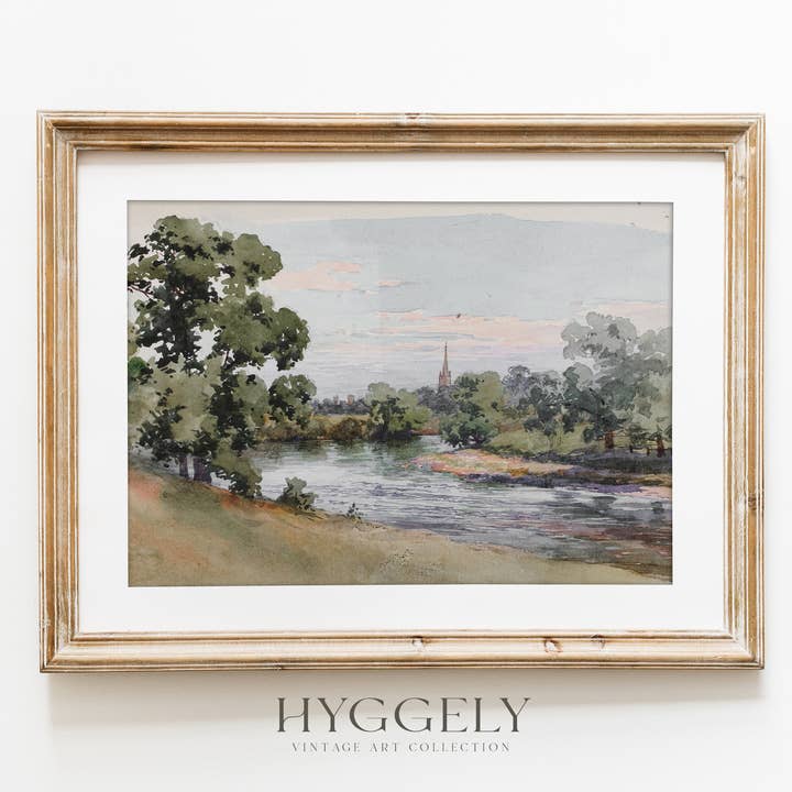 Peinture vintage à l'aquarelle | Impression d'art sur le paysage fluvial L128 pour la vente par Hyggely