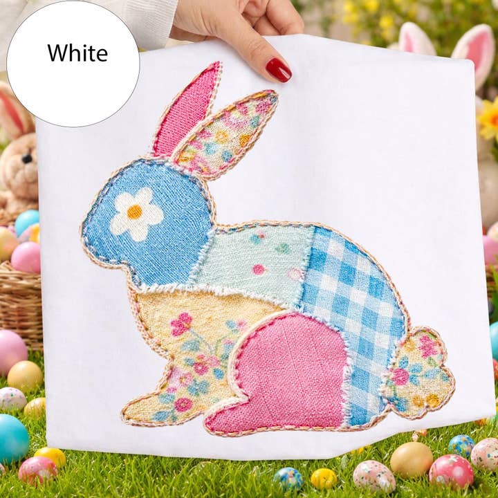 Maglietta con coniglietto floreale a finto patchwork, maglietta di Pasqua primaverile per la vendita all'ingrosso da parte di DLT Ecommerce