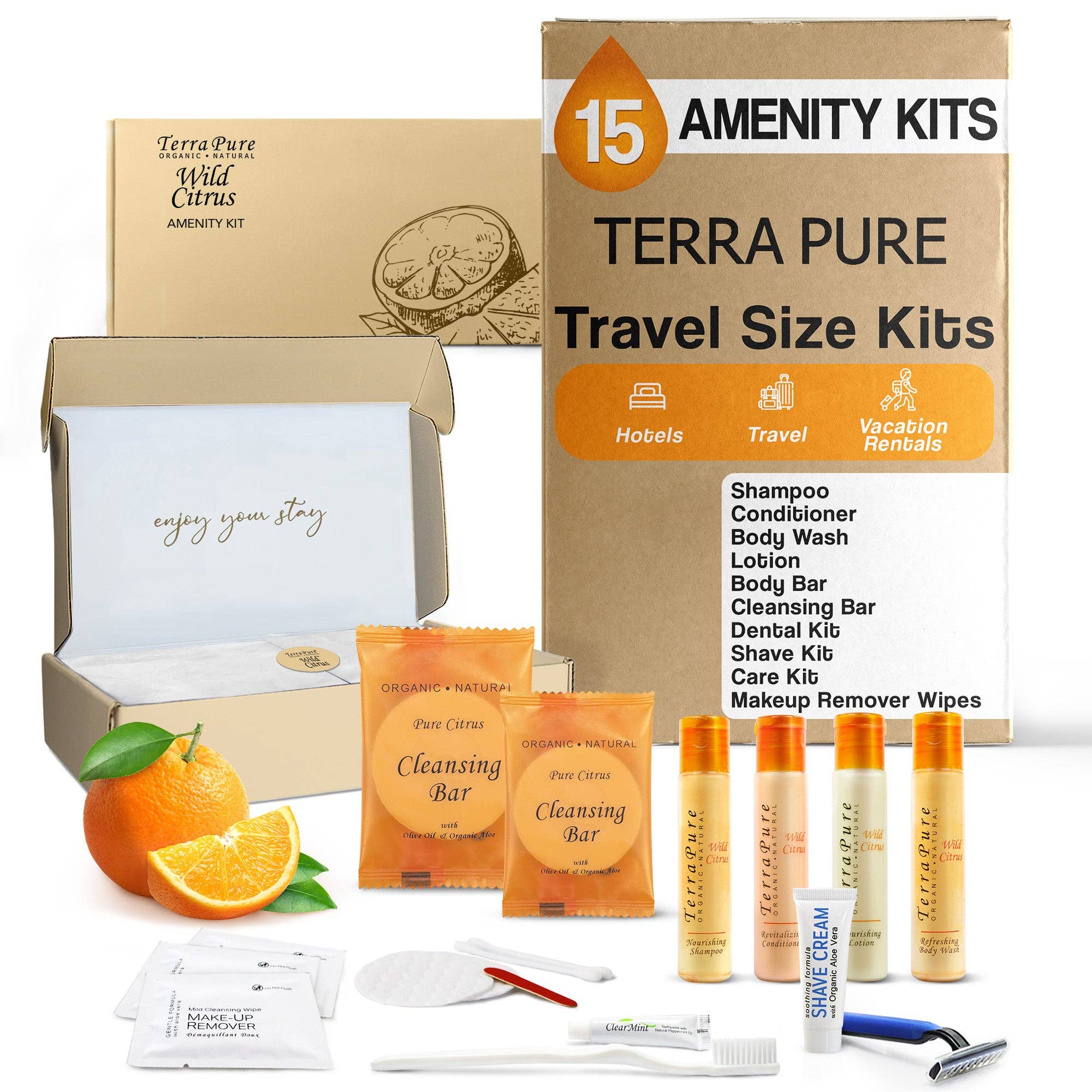 Diversified Hospitality Solutions - Wholesale Bath & body set - Terra Pure Amenity & Accessory Kit |1 oz Travel Size Shampoo, Conditioner, Lotion, Body Wash, 2 Cleansing Bars, Shave & Dental Sets, Make-Up Remover Wipes, & Vanity Kit | 15 sets per case0