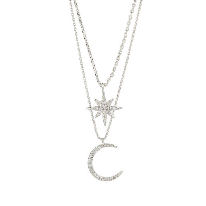 Colar em camadas Moon & Stars em prata por atacado de Knight & Day Jewellery