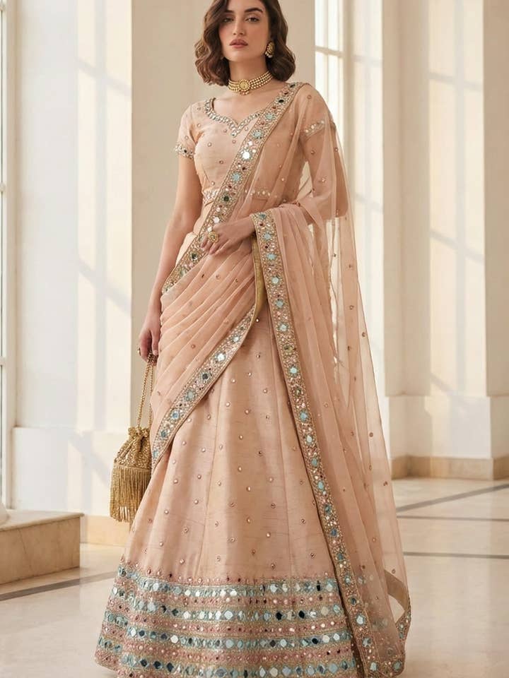 Perzik Art Zijde Lehenga Choli Voor Indiase & Pakistaanse Bruiloft Festival - Pailletten & Draad Borduurwerk, Zari Werk, Echt Spiegelwerk voor wholesale door HATKE BRIDE