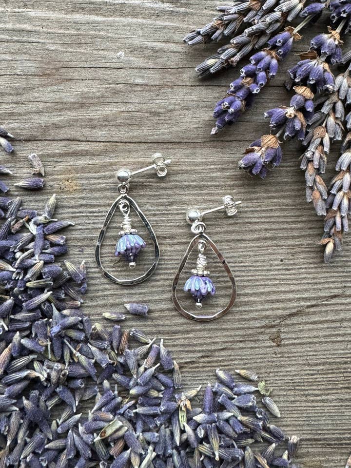 Lavender Bud Teardrops Hammered Silver Post Earrings Small for wholesale by Lavender Beads