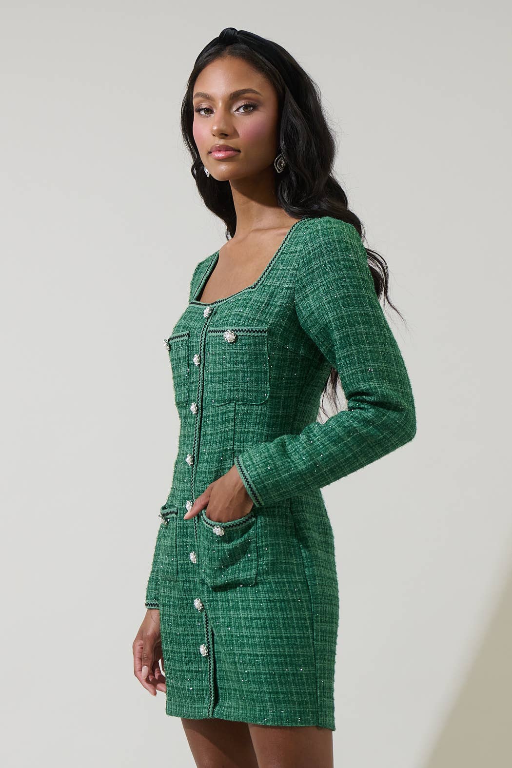 Emerald Haley Tweed Salome Button Down Mini Dress for wholesale on Faire4