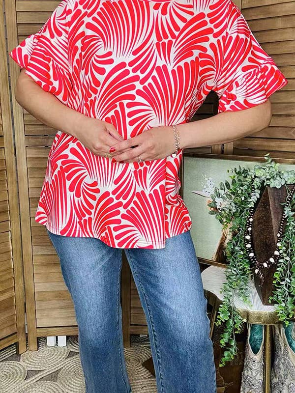 Red patterns print & ruffle short sleeve top GJQ16139 for wholesale by luluclothes