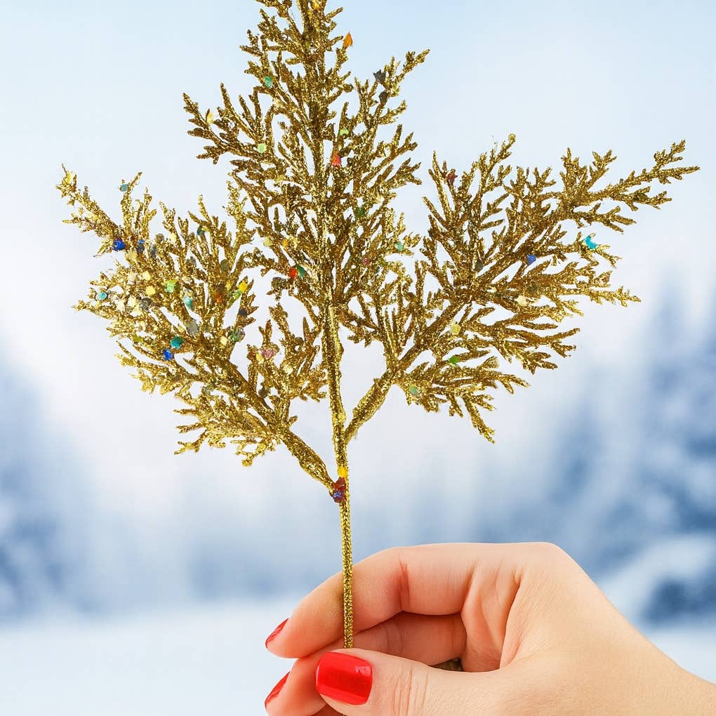 Factory Direct Craft - Wholesale Kunstbloemen - 10" Gouden Glitterende Ceder Takje1