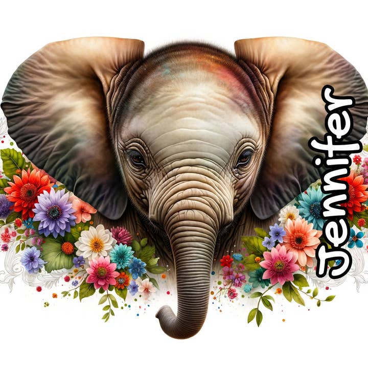 Vit Personlig elefantmugg med blommig design, kaffemugg med eget namn, djurälskande gåva, unik elefanttryckkopp för wholesale på Faire2