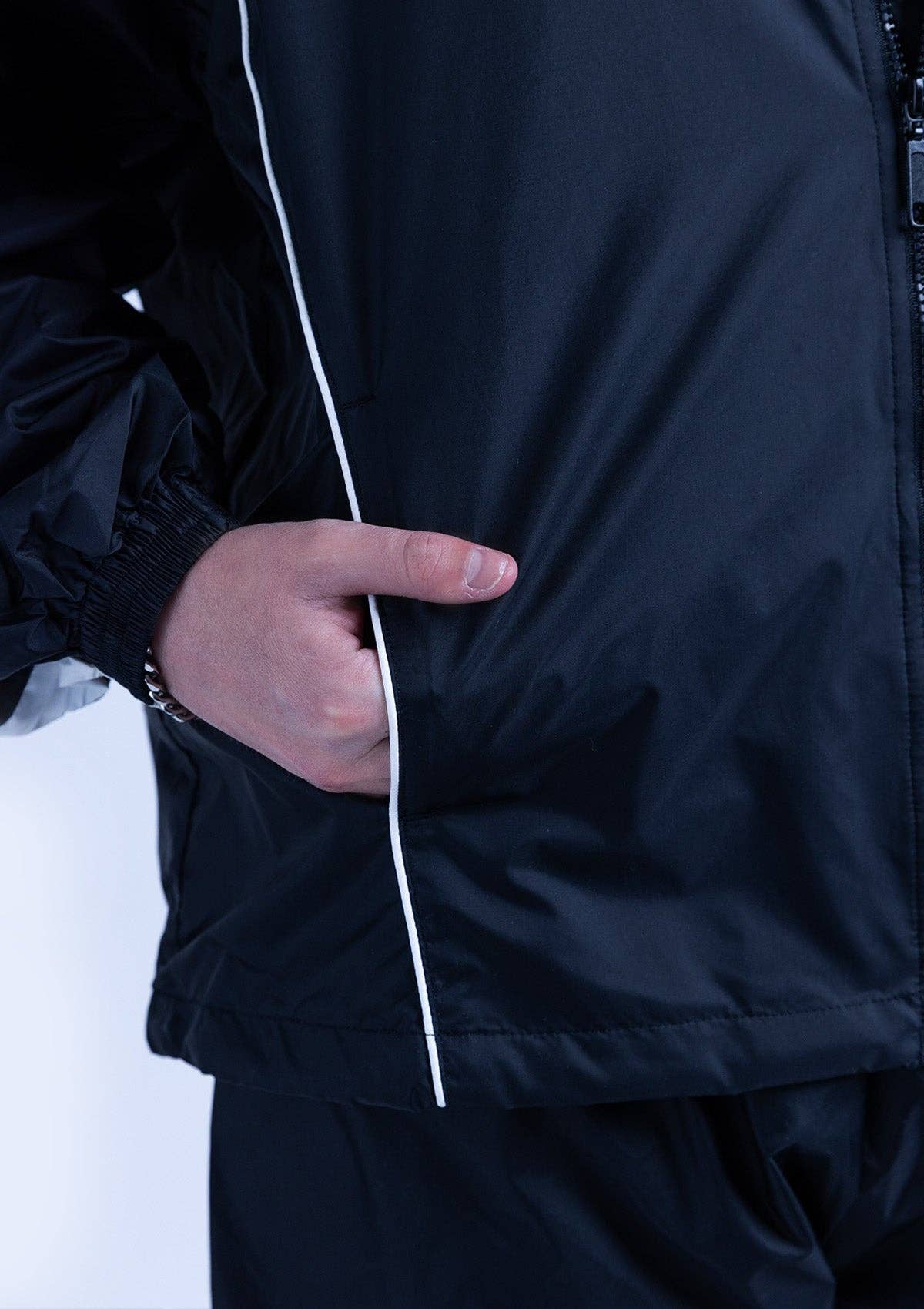 2600S Unisex Full Zipper Taffeta Nylon Tracksuit Jacket and Joggers Set with White Piping - Black for wholesale on Faire5