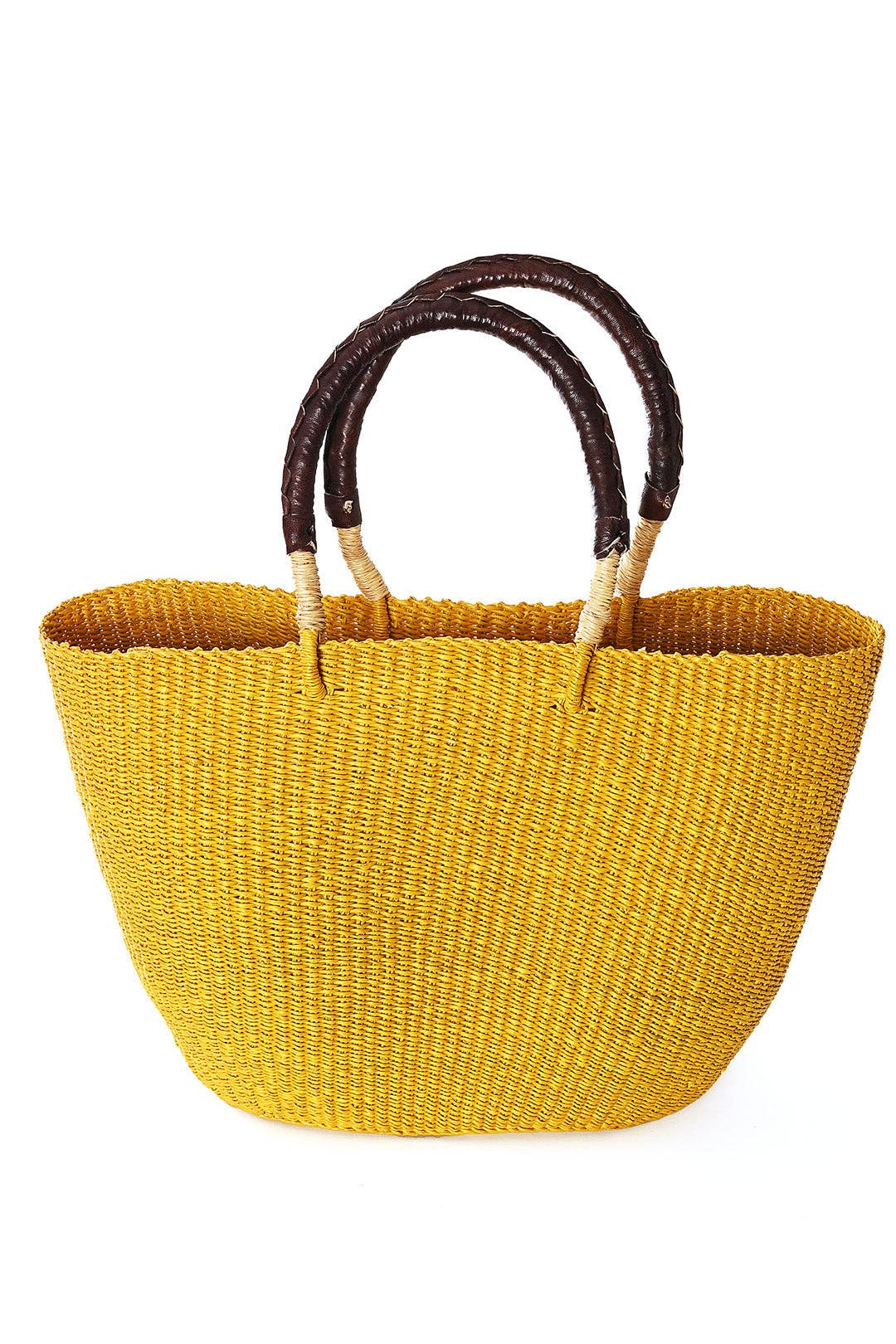 Swahili | AFRICAN MODERN - Vente Sac de plage - Panier cabas jaune ensoleillé avec poignées en cuir marron chocolat3