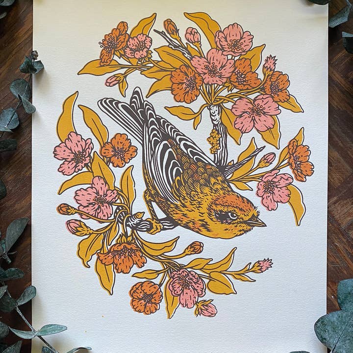 Mustard Beetle - Wholesale Art Print - Palm Warbler + Plum Blossom 8x10" Giclee Print2