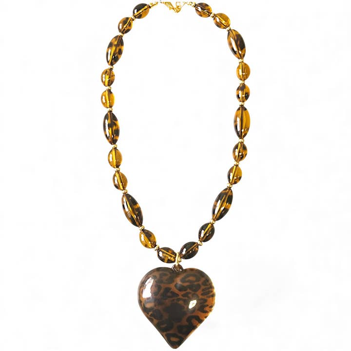 Beaded Tortoise Shell Heart Necklace | Statement Jewelry for wholesale by Bijoux Envie Statement Jewelry