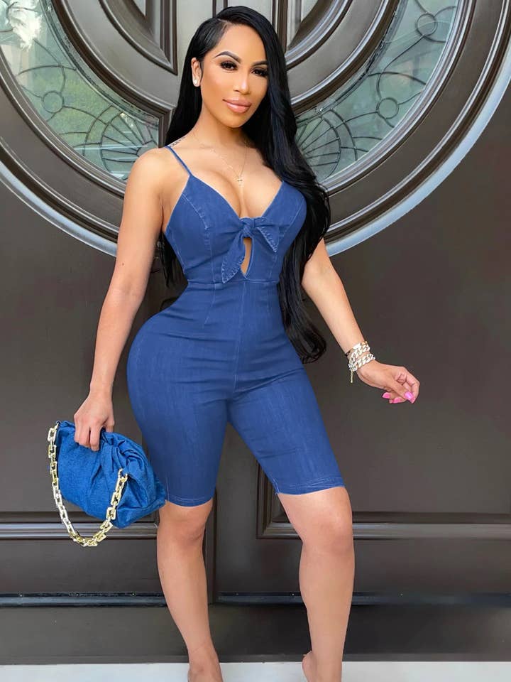 TIE FRONT CUTOUT DENIM ROMPERS for wholesale by 5besties inc