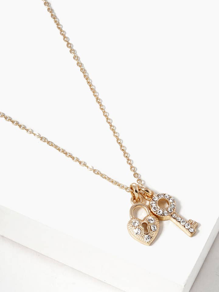 Crystal Pave Heart Padlock And Key Pendant Necklace for wholesale by Wild Honey
