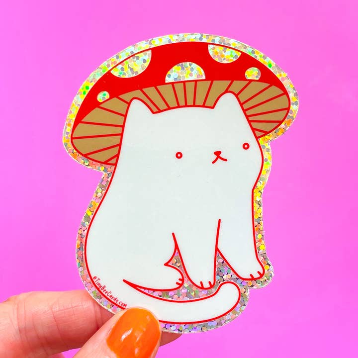 Mushroom Cat Vinyl Sticker - Cute Glitter Cottagecore Fungi for wholesale by Tiny Bee Cards