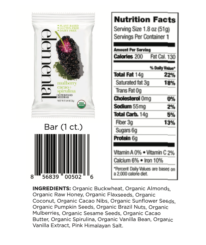 Elemental Superfood - Wholesale Snack Bar - Mulberry Cacao + Spirulina1