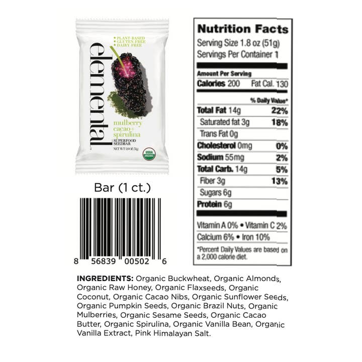 Elemental Superfood - Wholesale Snack Bar - Mulberry Cacao + Spirulina1