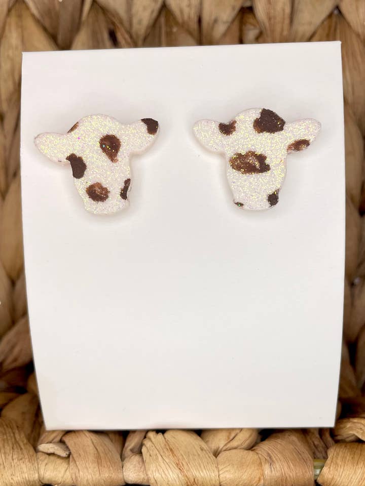 Glitter Cow Brown Cowprint Handmade Clay Earrings for wholesale by KBH CREATIONS