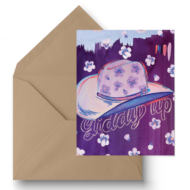 „Giddy Up“ Cowgirl Hat lykønskningskort for engroshandel hos Paige Poppe Art