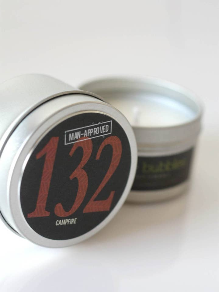 No. 132: CAMPFIRE // Natural Soy Candle // 6 oz tin for wholesale by Coco & Bubbles