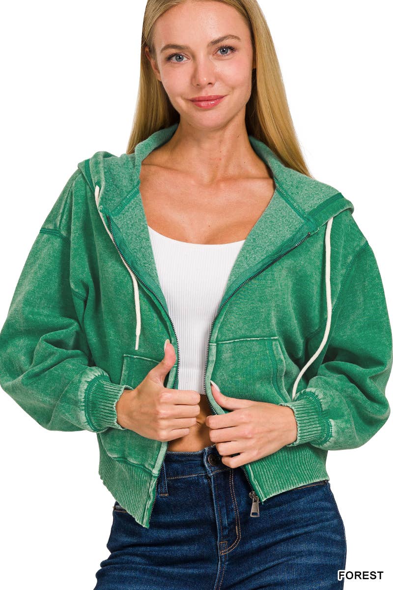 42POPS - Vente Sweat à capuche – femme - ..SI-25313 Sweat à capuche zippé court en molleton délavé à l'acide5