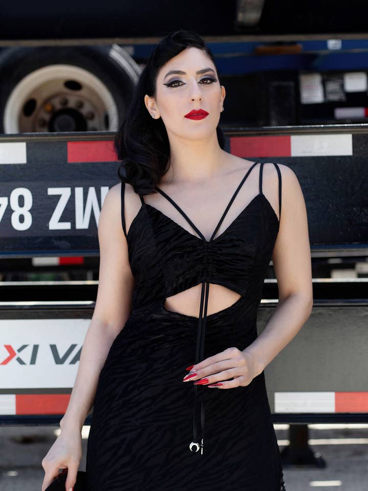 Weasel Wear - Wholesale Dress - Women's - Carol Simone Zebra Ruffle Maxi - Zebra Burnout Maxi Dress with Satin Straps & Peekaboo Drawstring Midriff (Hot Ghoul Summer Edition)2