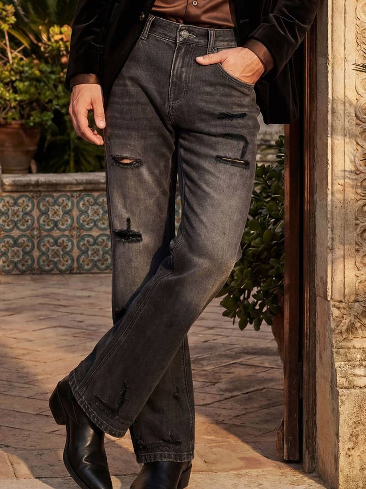 Herrjeans med slitningar, tvättade med strass, avslappnad stretch 5ED03 för wholesale av BARABAS