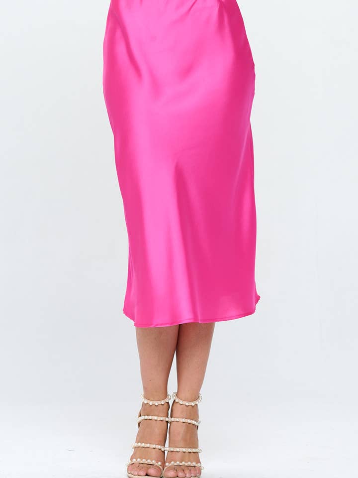Made in USA Fuschia Solid Satin Midi Skirt for wholesale by Renee C.