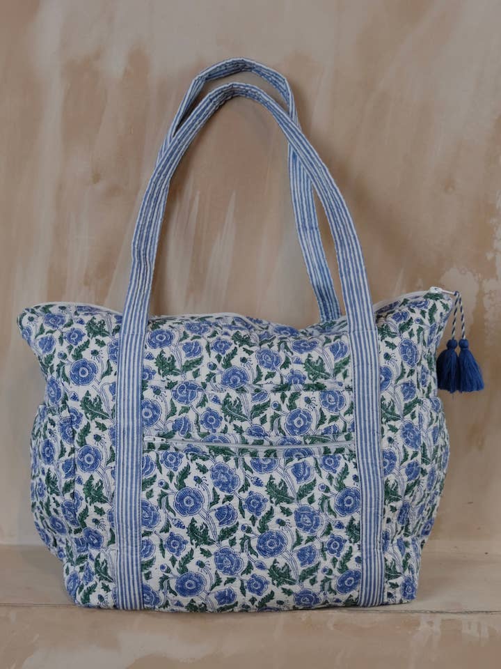 Floral Blue Quilted Nappy / Tote Bag for wholesale by Kapara London