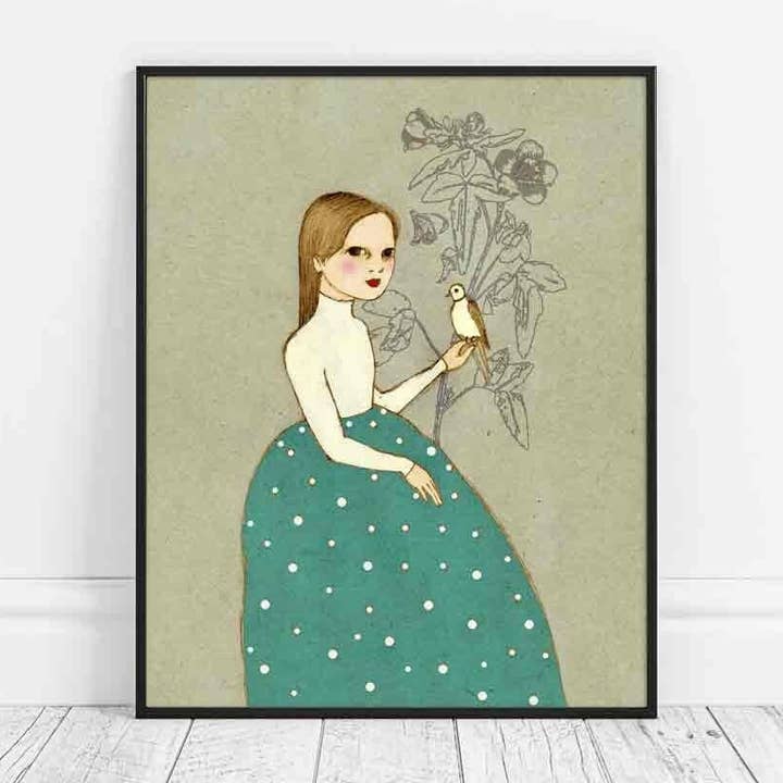 Mourning Dove kunsttryk - pige med due, mindegave til mor, sorggave til datter og søster for engroshandel hos Irena Sophia