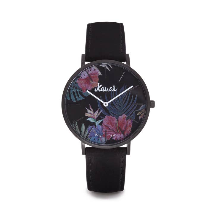 Aloha Kaua Black Tropical Flower Watch for wholesale by Kauai watches