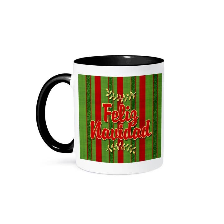 3dRose - Wholesale Coffee Mug - 3dRose, Feliz Navidad Spanish Festive Red and Green Striped Holiday Sprigs, Mug