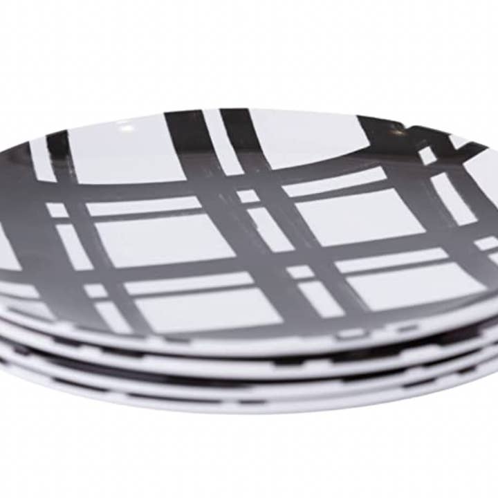 Black Plaid Melamine Plate Set (4pc) | Reusable 6" Appetizer Plates for wholesale by Sprinkles & Confetti Party Supplies